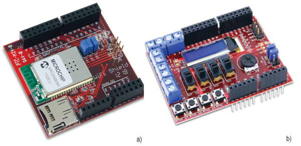 Digilent’s Wi-Fi Shield (a) and general-purpose I/O shield (b)